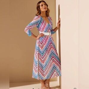 NWT STYLEST AQUALACE Rainbow Chevron Stripe Lace Puff Sleeve Belted Caftan Dress